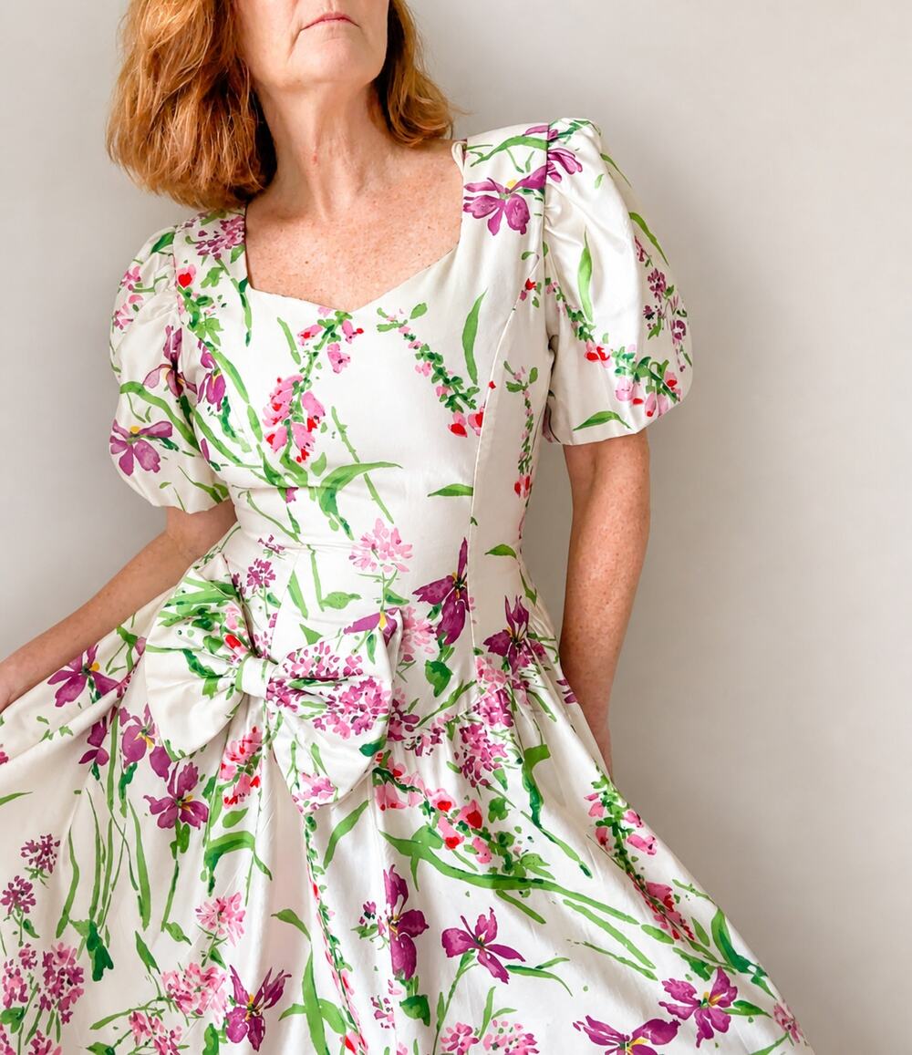 VTG 90s Floral Tea Dress SZ M Cotton Southern Belle Bow Pockets Cottagecore Midi